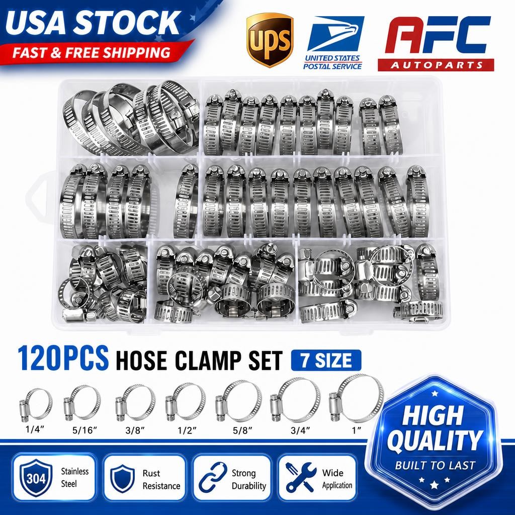 120pcs/Set Adjustable Hose Clamps Worm Gear Stainless Steel Clamp Assortment Kit
