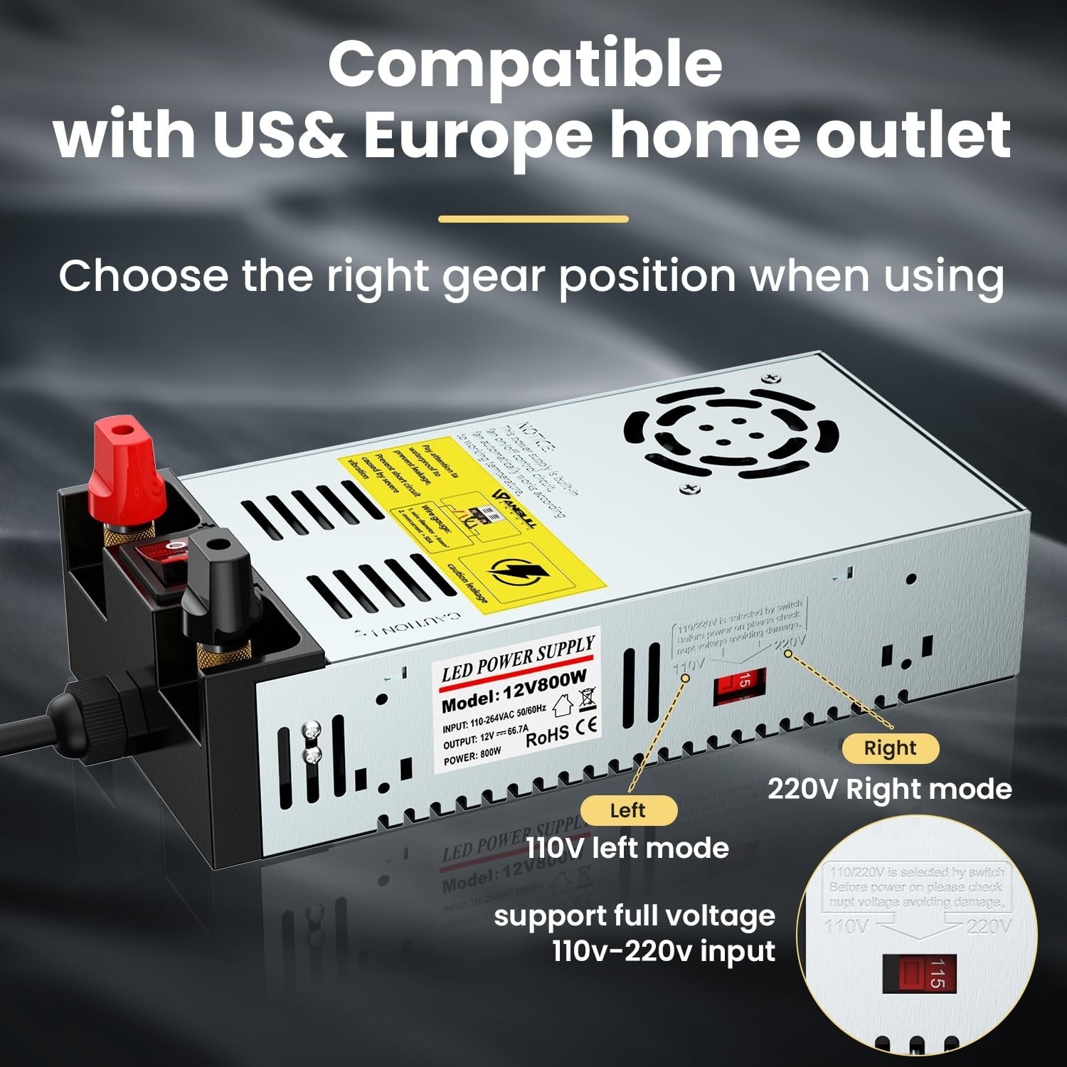110V AC to 12V DC Converter Adapter, 50A 600W Power Supply, ON/OFF Switch, Pure