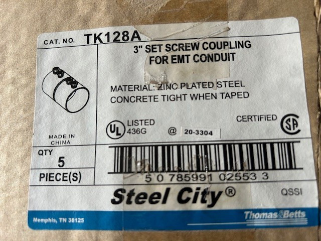 QTY. 10 STEEL CITY 3” SET SCREW COUPLING FOR EMT CONDUIT TK128A, N.O.S.