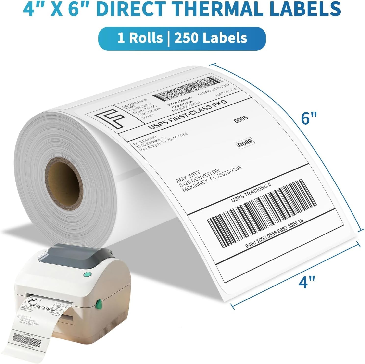 4×6 Thermal Labels for Zebra Rollo Direct Thermal Shipping Labels 250 Pack