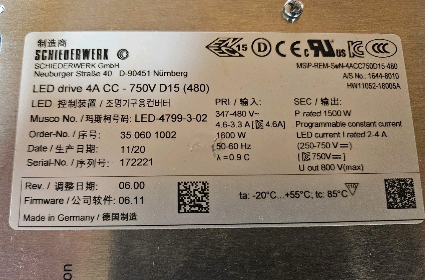 Schiederwerk LED-4799-3-06 LED Driver 4A CC-750V D15 480 Silver Used
