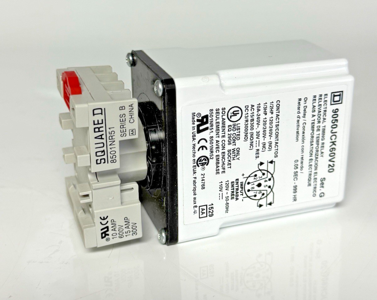 Square D 9050JCK60V20 On-Delay Timing Relay 120VAC 240VAC 10A DPDT 0.05s-999HR