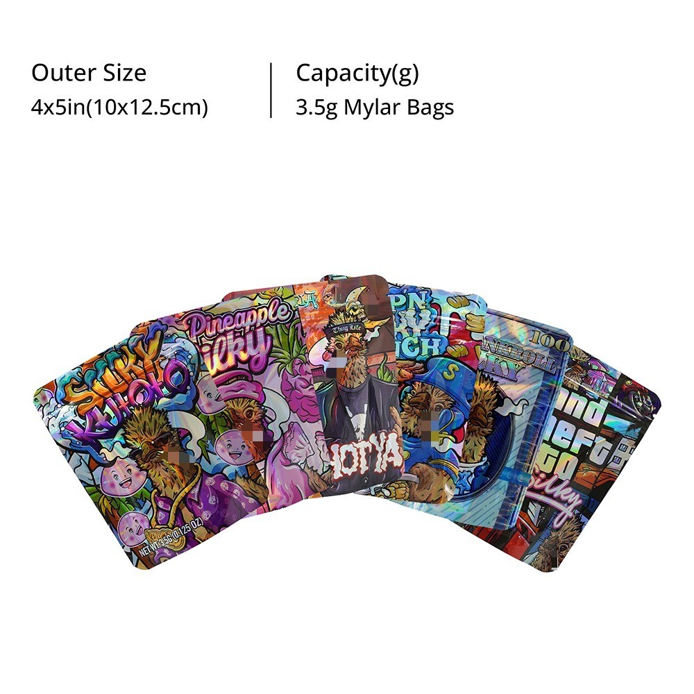3.5g Mylar Bag Stand Up Zip Seal Bags Mixed Pack Holographic Bag 100pcs