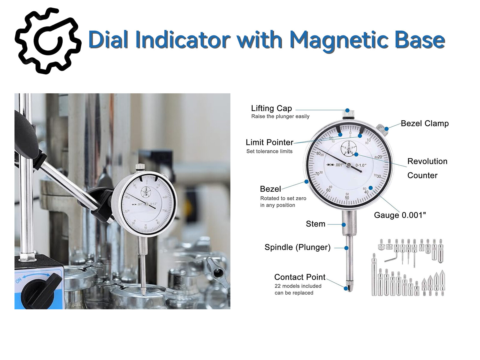 Dial Indicator with Magnetic Base 0.001″Precision Gauge Test Indicator Point Set