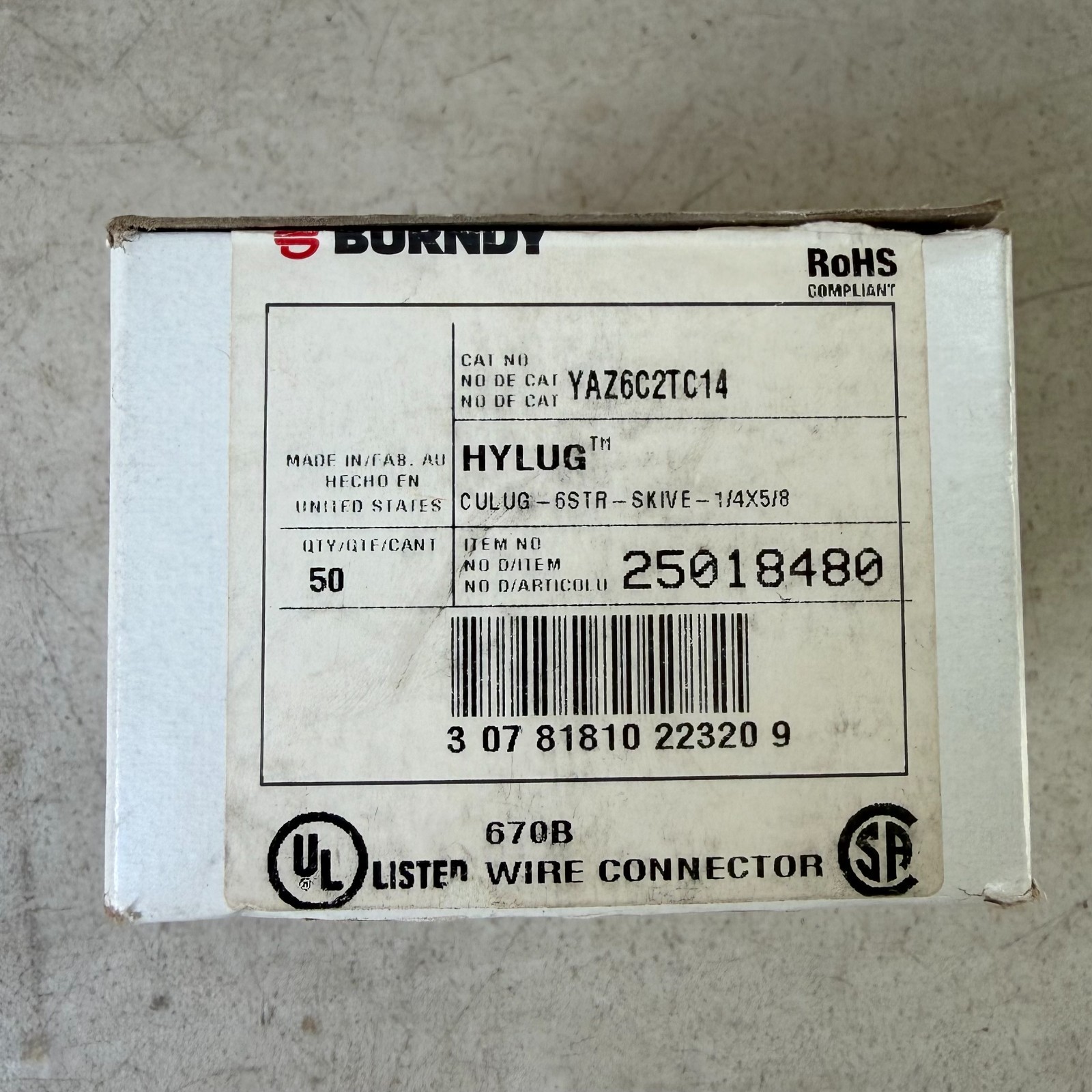 BURNDY YAZ6C2TC14 LUG, # 6 AWG, STRD, 2 HOLE – 1/4″ HOLE, 5/8″ *400 QUANTITY*
