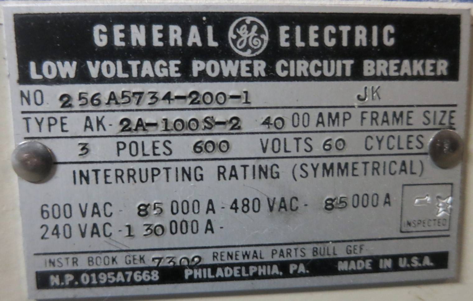 GE AK-2A-100S-2 4000A w AC Pro Trip Unit Breaker General Electric 4000 Amp 100 S