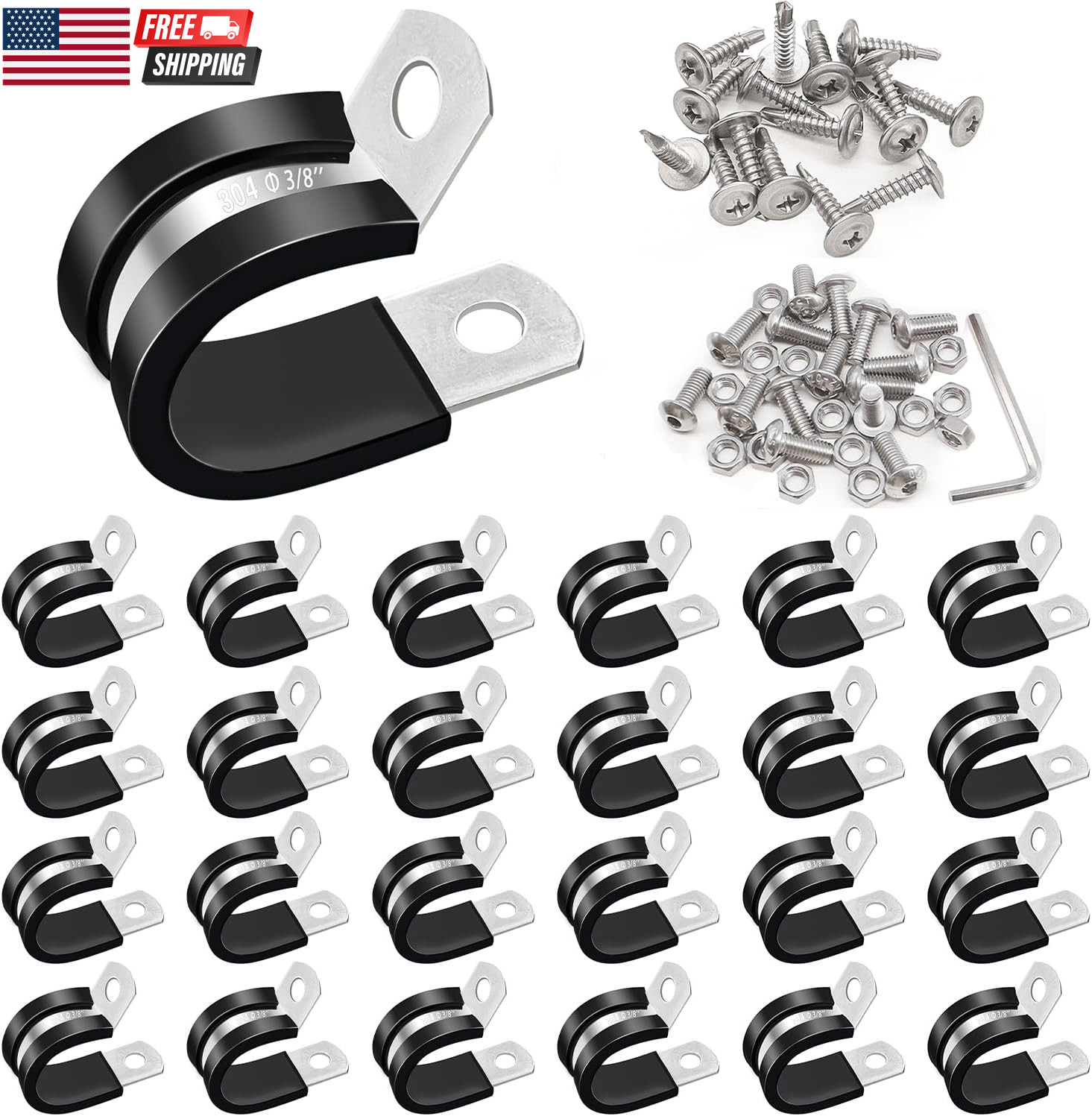50PCS 3/8 Inch Cable Clamps 304 Stainless Steel Rubber Cushion Insulated Wire Cl