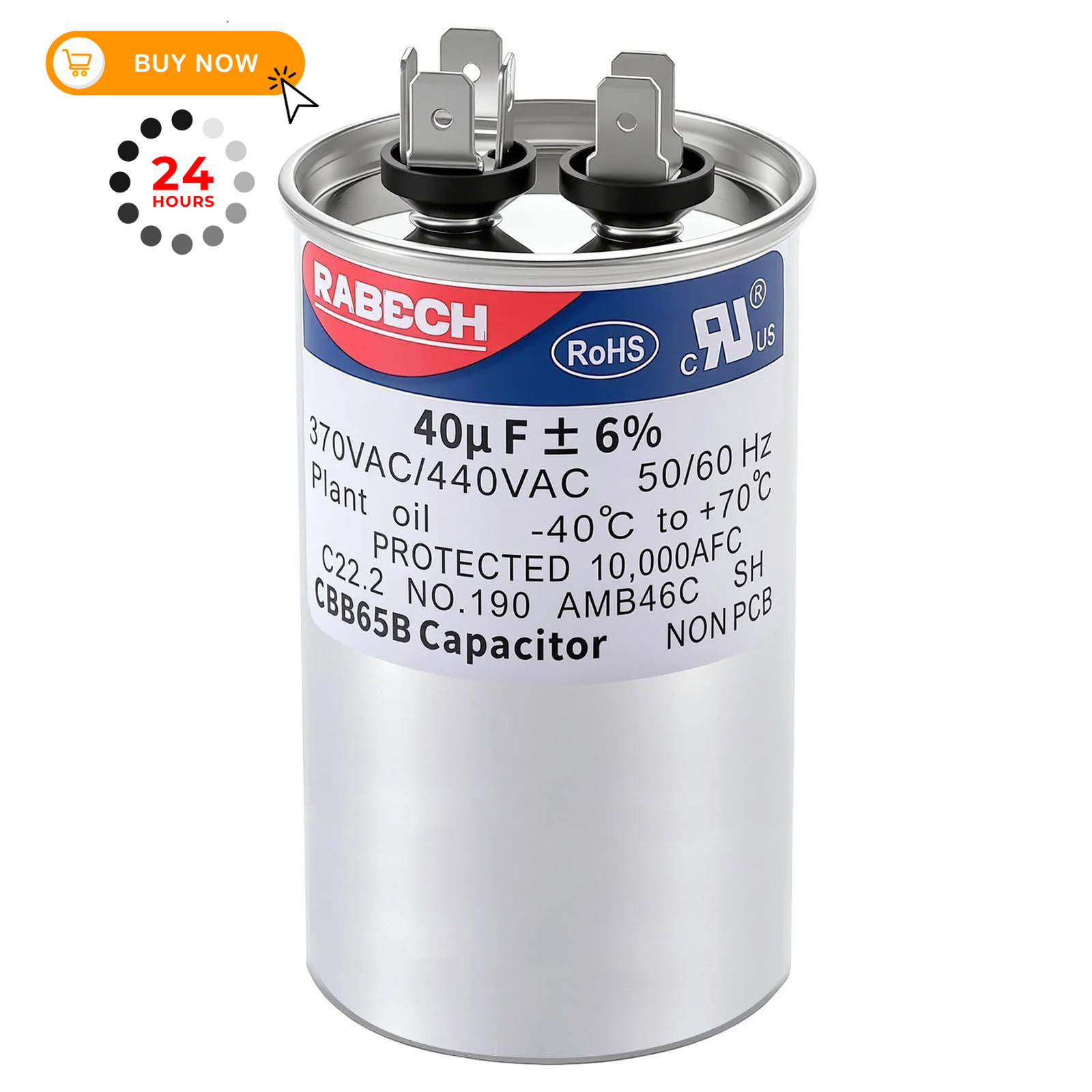 RABECH 40uF 40MFD CBB65B Run Start Round Capacitor 40 uF MFD 370V or