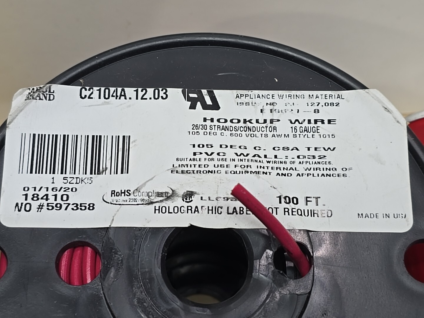 Carol 18410 16awg Stranded Copper PVC HookUp Wire AWM Red 100ft Appliance 600V