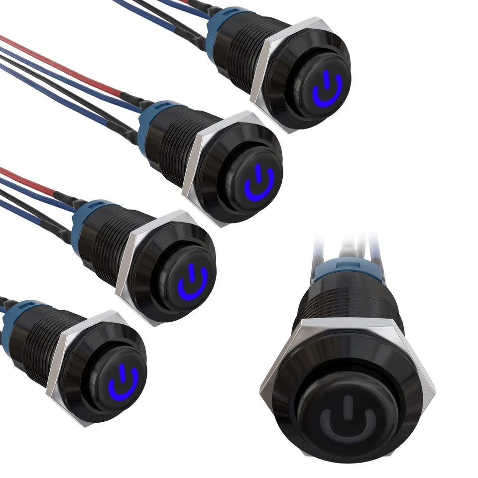 5PCS 12mm Latching LED Push Button Switch Mini Round Black Shell with Pre-Wired