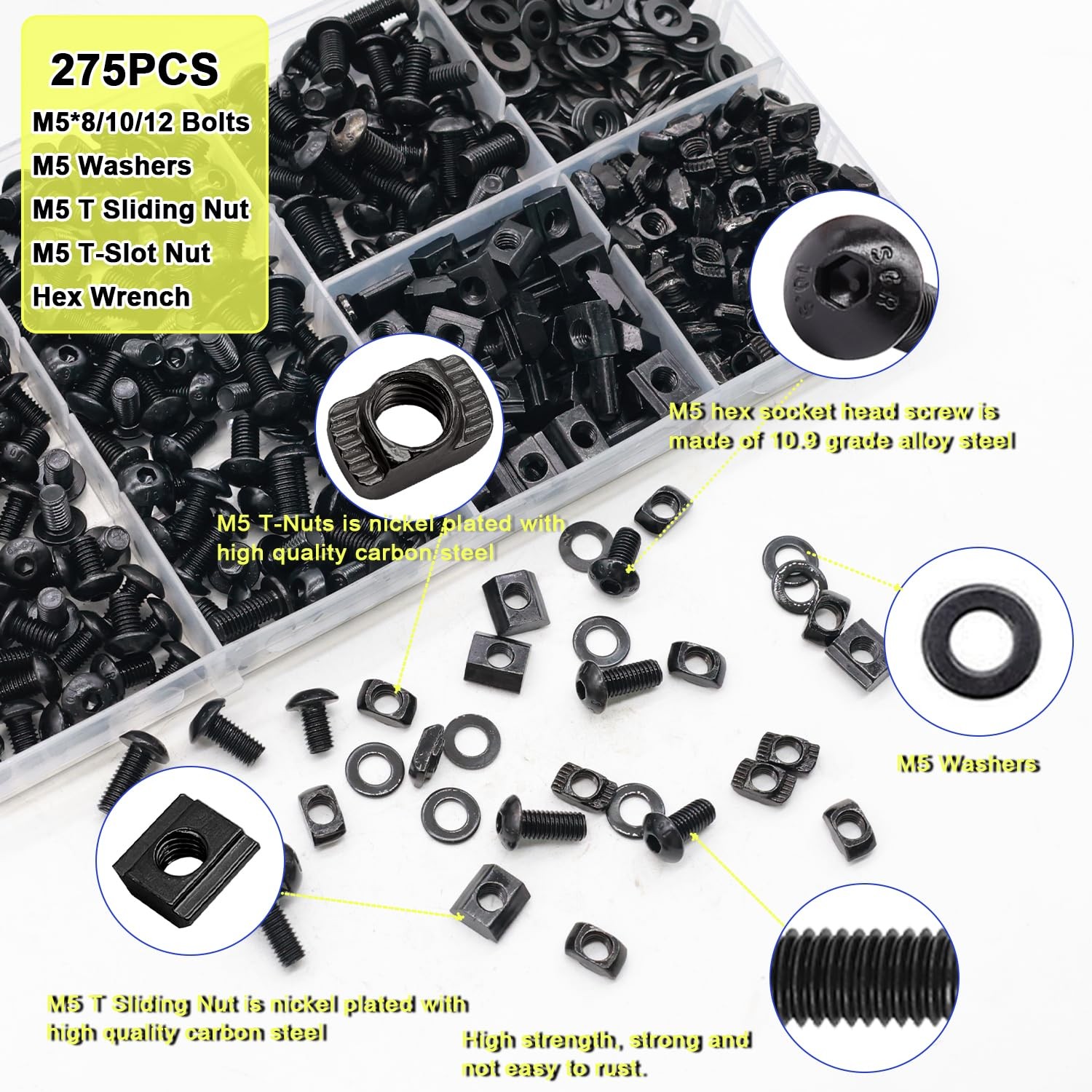 Taiss 275PCS M5 T-Nuts and Bolts Kit for 2020 Screw Kit, Black