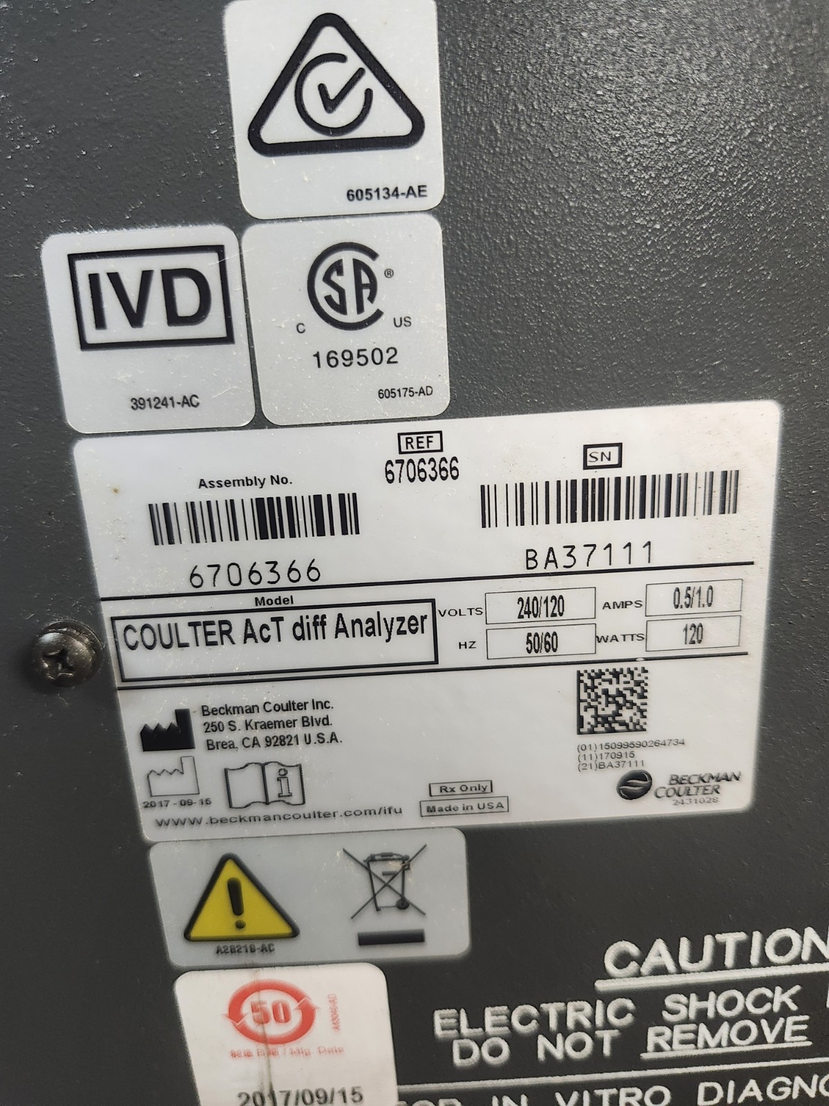 Beckman Coulter Act-diff machine 2017 Model Parts Unit