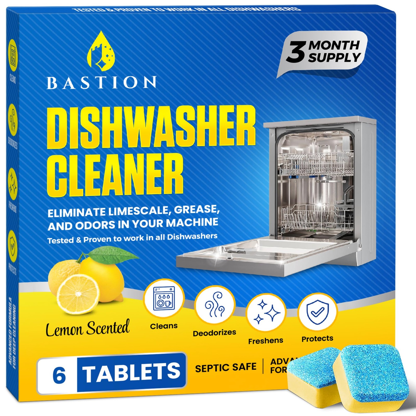 Bastion Dishwasher Cleaner Tablets, Lemon Scent, 3-Month Supply (6 Pods),…