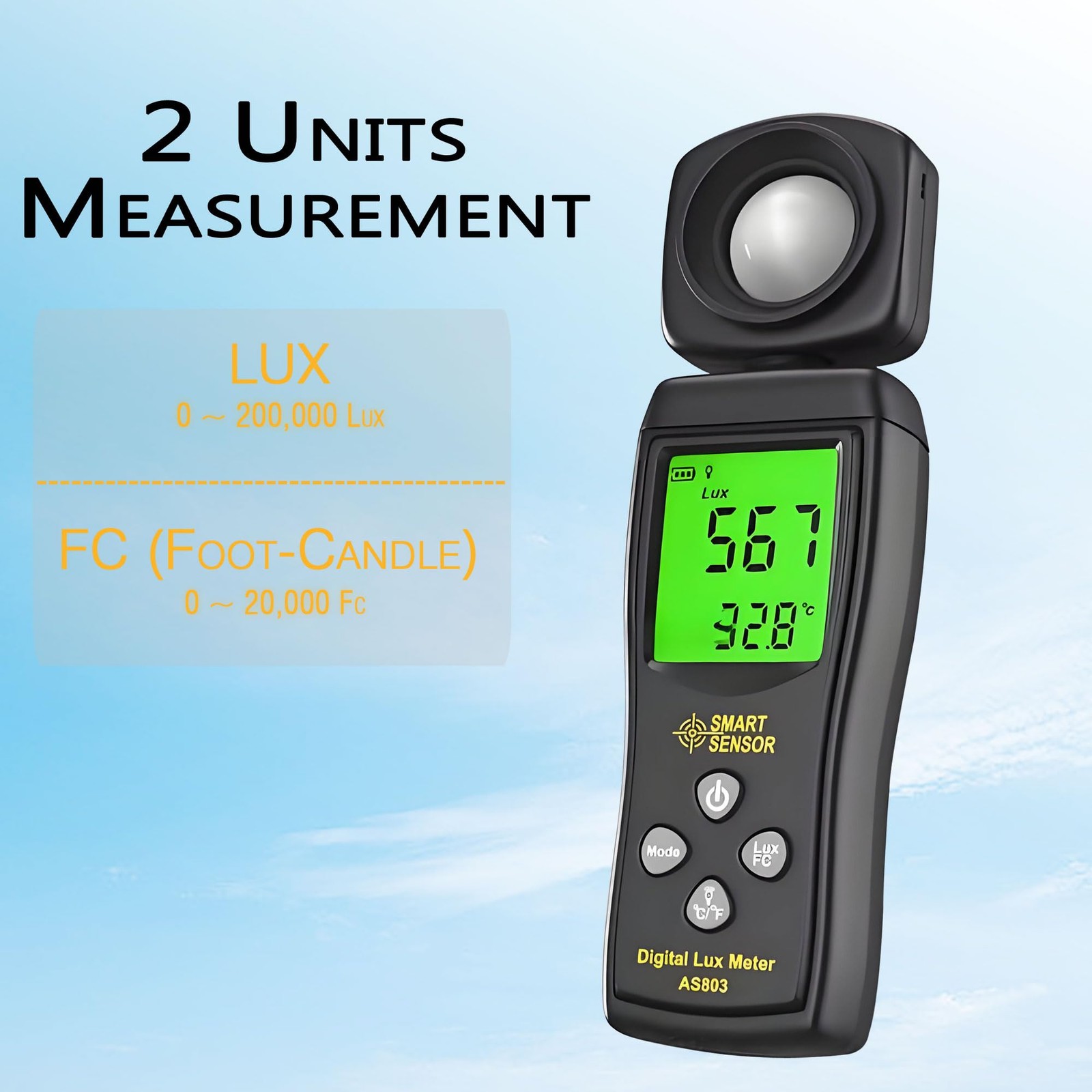Digital Light Meter Backlit LCD Display Lux/Foot Candles Meter with 180º Rota…
