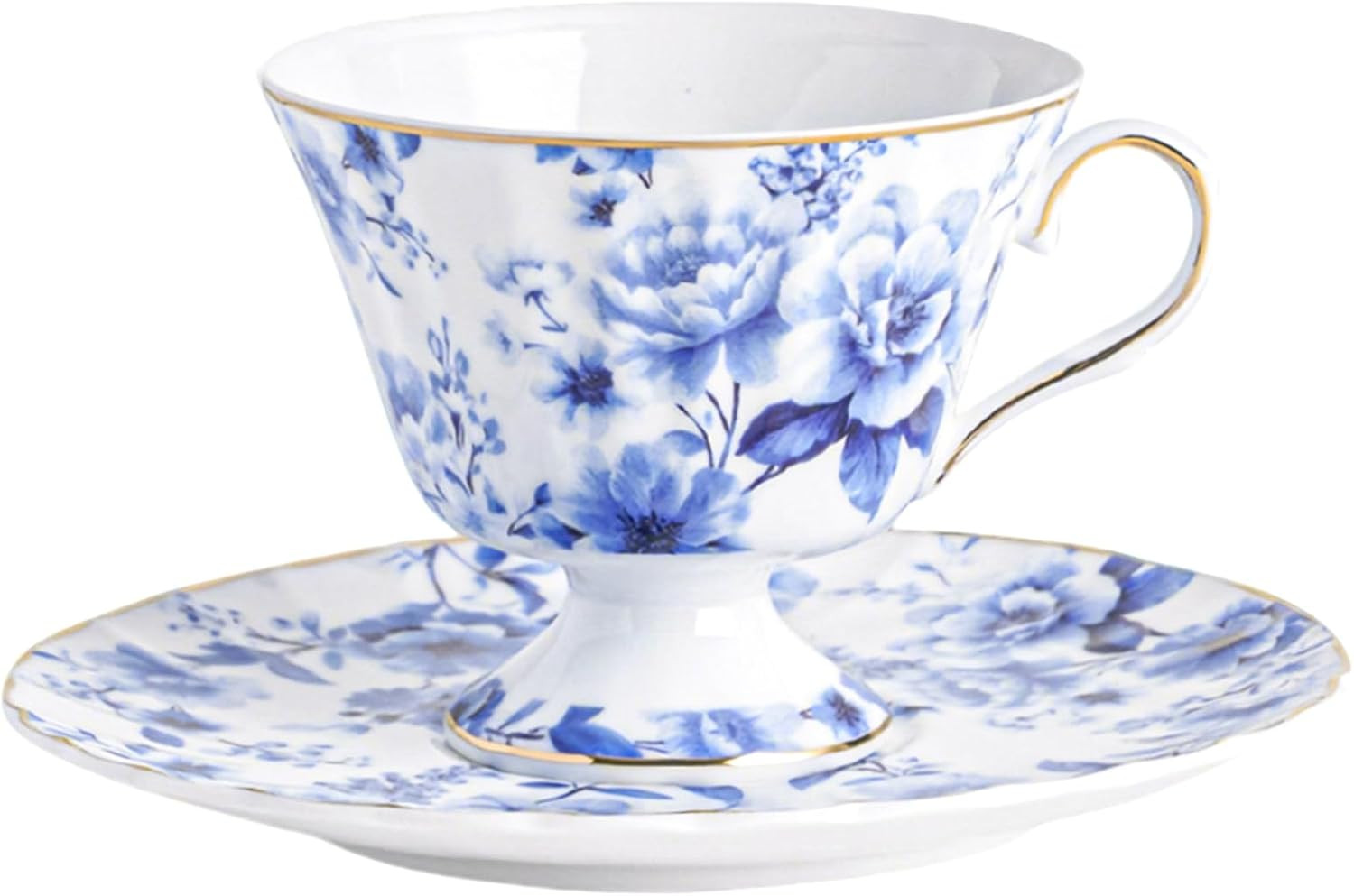 Blue and White Roses Tea Cup and Saucer, 5 Ounces Retro Floral Coffee Cup, Vinta