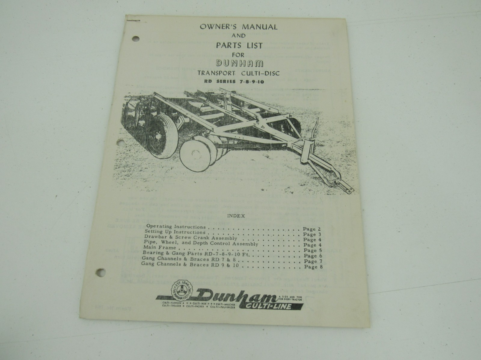 Dunham RD 7 8 9 10 Transport Disc Owner’s Manual and Parts List