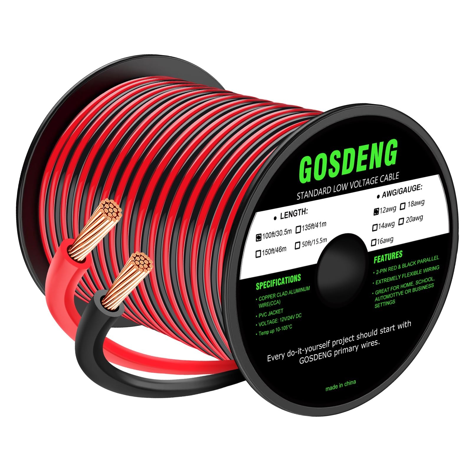12 Gauge Wire 100FT 2 Conductor Electrical Cable – Red and Black Low Voltage/…