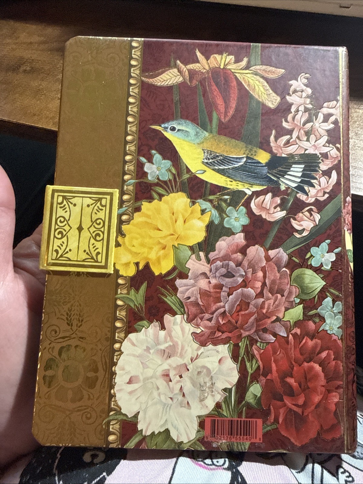 Punch Studio Journal Brooch – Bird Flowers Floral art Print Gold Accents