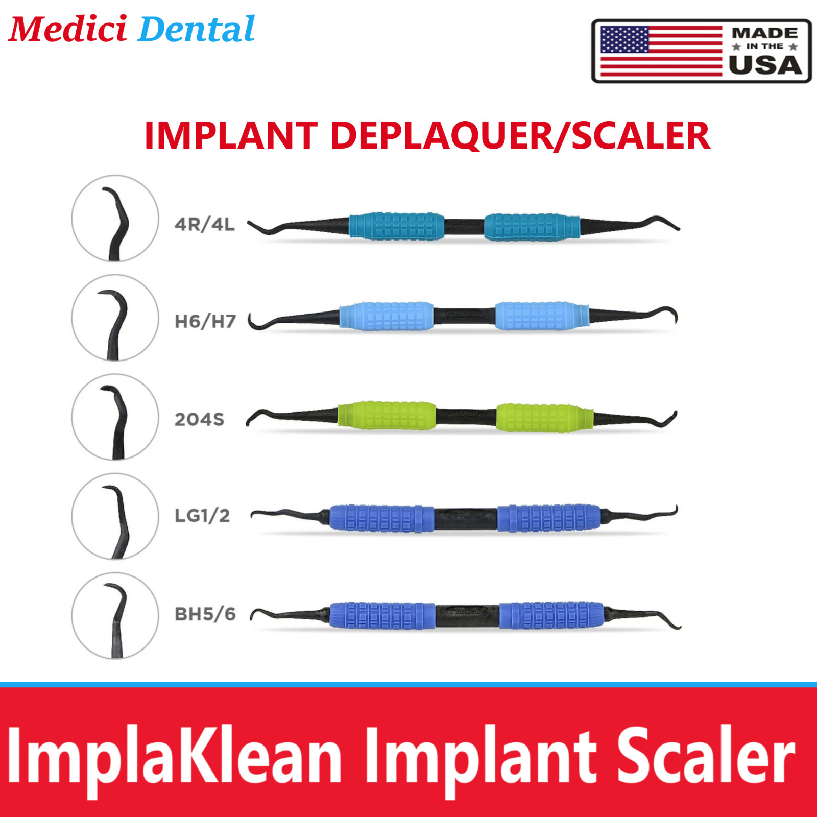 Dental ImplaKlean Implant Scaler 4R/4L, H6/H7, 204S, LG 1/2, BH 5/6, Carbon, 1Ea