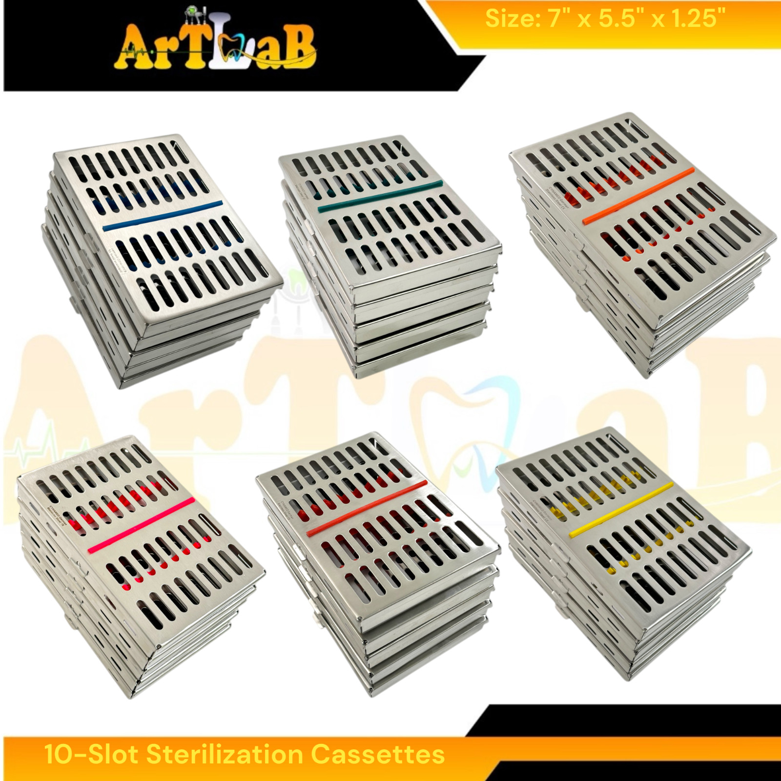 7in x 5.5in x 1.25in Sterilization Cassettes with 10-Slot Inserts Pack of 5