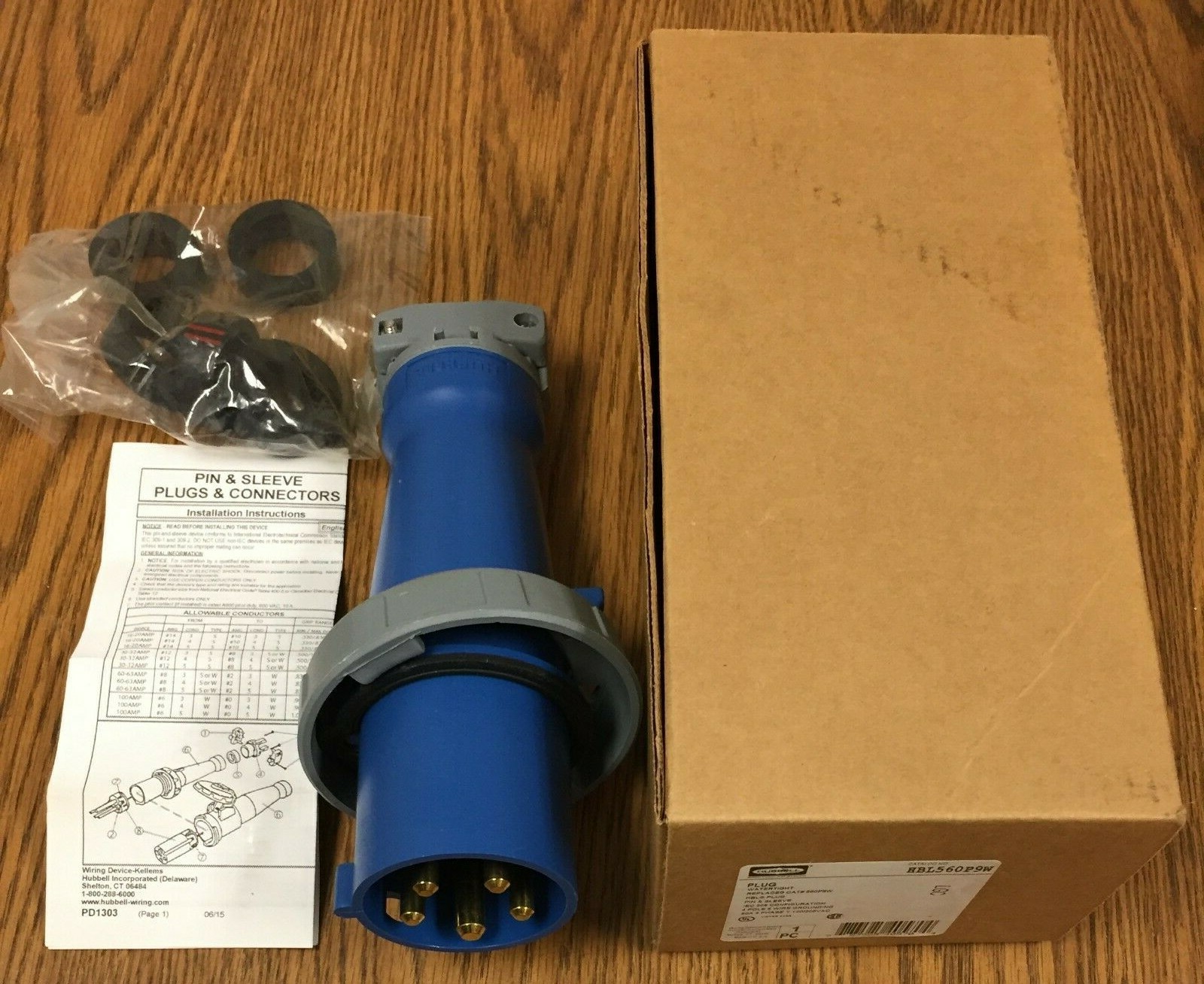 Hubbell HBL560P9W Pin and Sleeve, IEC, Plug, 4P5W, 60/63A 120/208V, 4X/69K