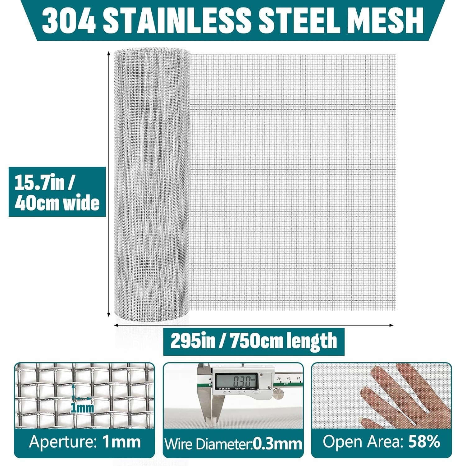 20 Mesh 304 Stainless Steel Mesh Screen, 15.7” x 295”40cm x 750cm Wire Scre…