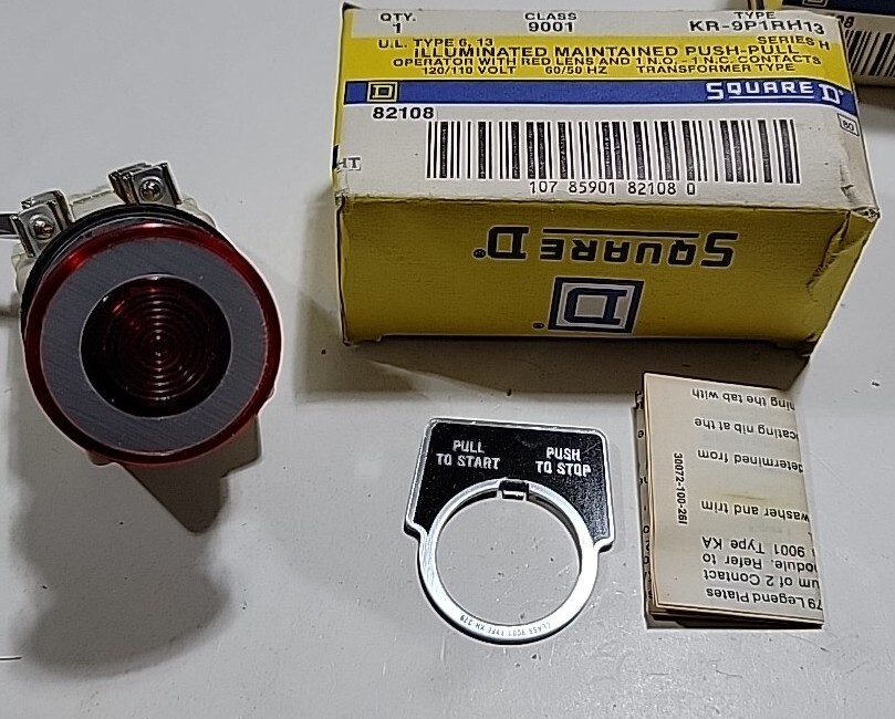 Square-D 9001-KR9P1RH13, Illuminated Red Push-Pull E-Stop, 110-120VAC, 1NO+1NC