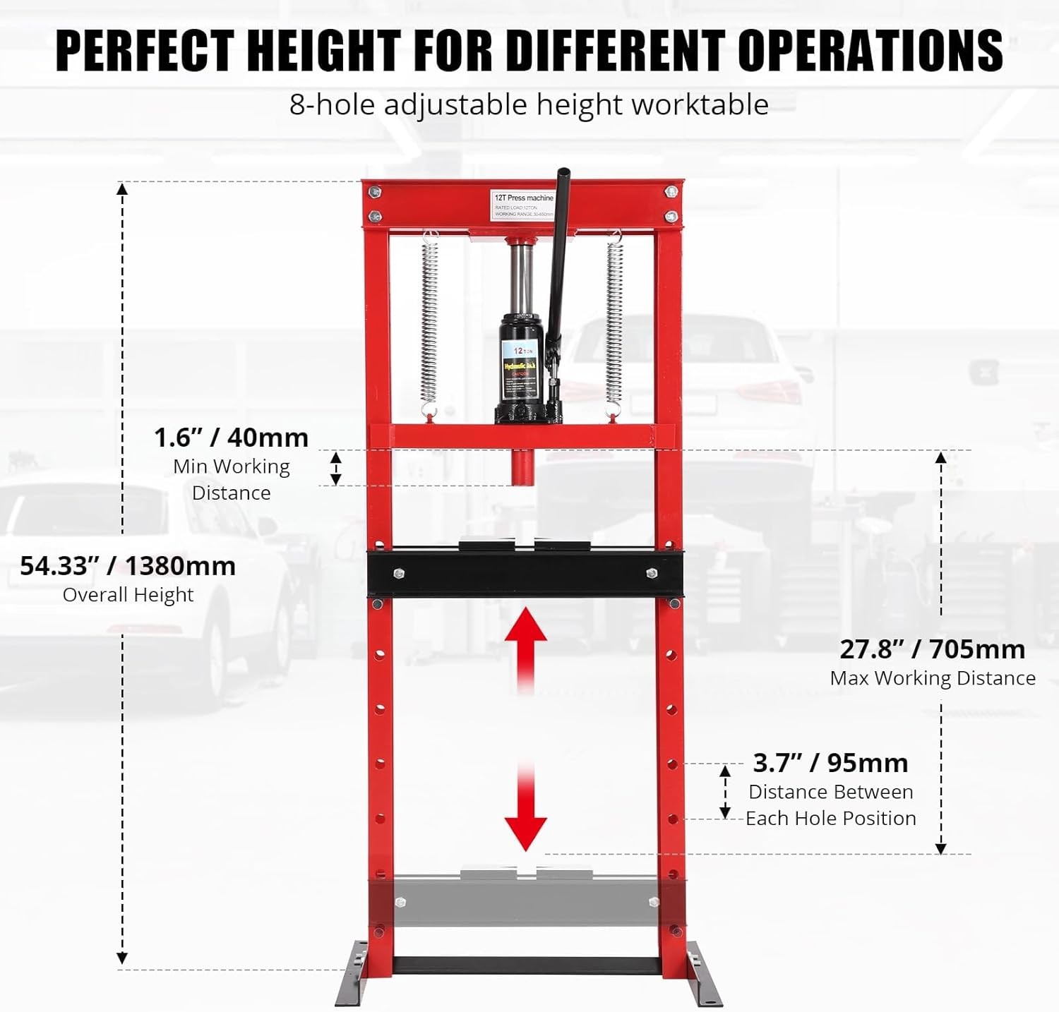 12T Hydraulic Press,H-Frame Press w Adjustable Table for u-Joints&Bending Red