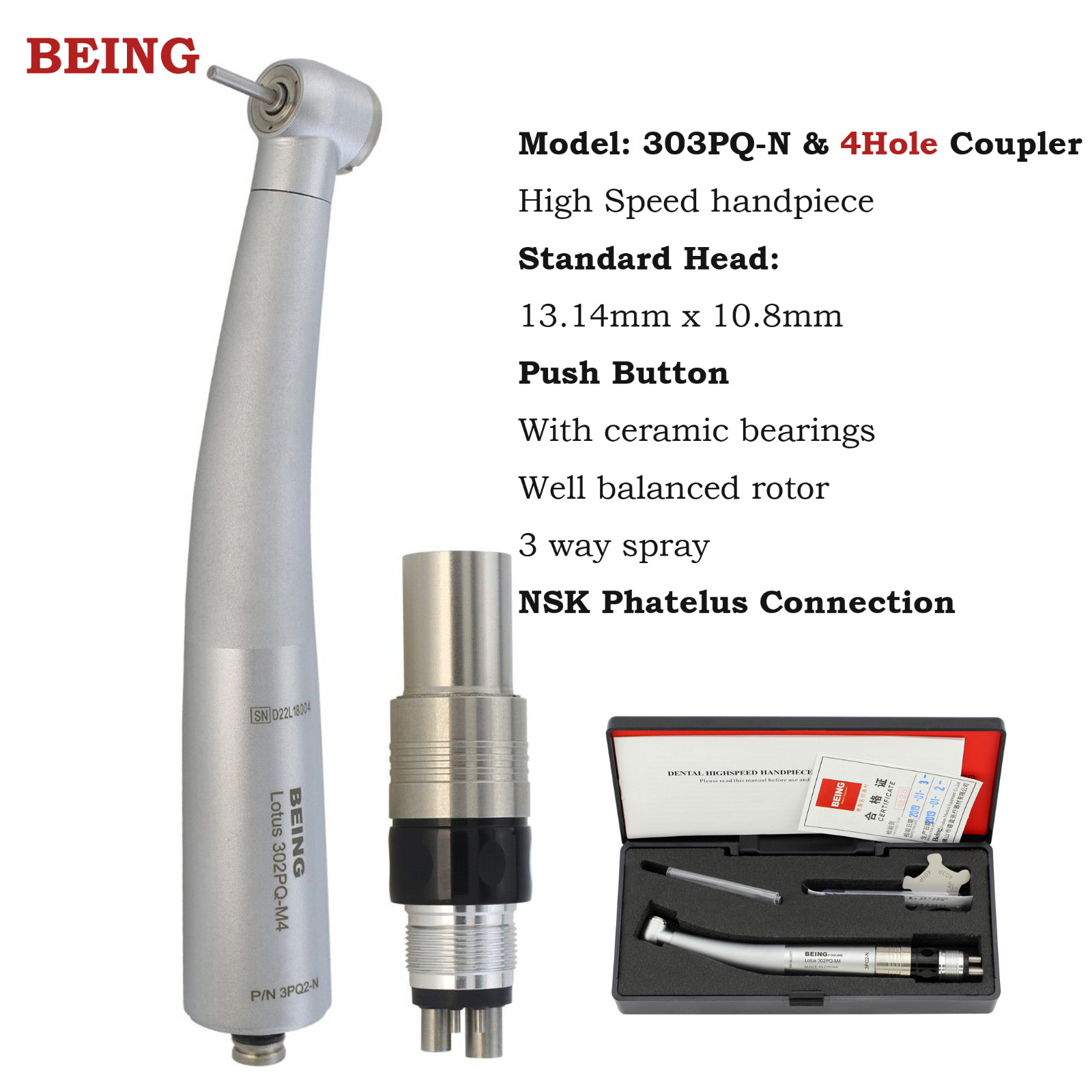 BEING Dental High Speed Handpiece Fiber Optic Turbine LED Coupler fit NSK