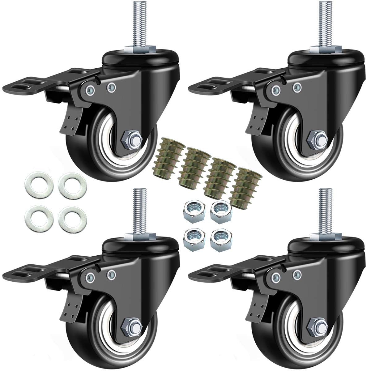 2″ Stem Casters, Heavy Duty Swivel Stem Casters PU Foam Quite Mute No Noise C…