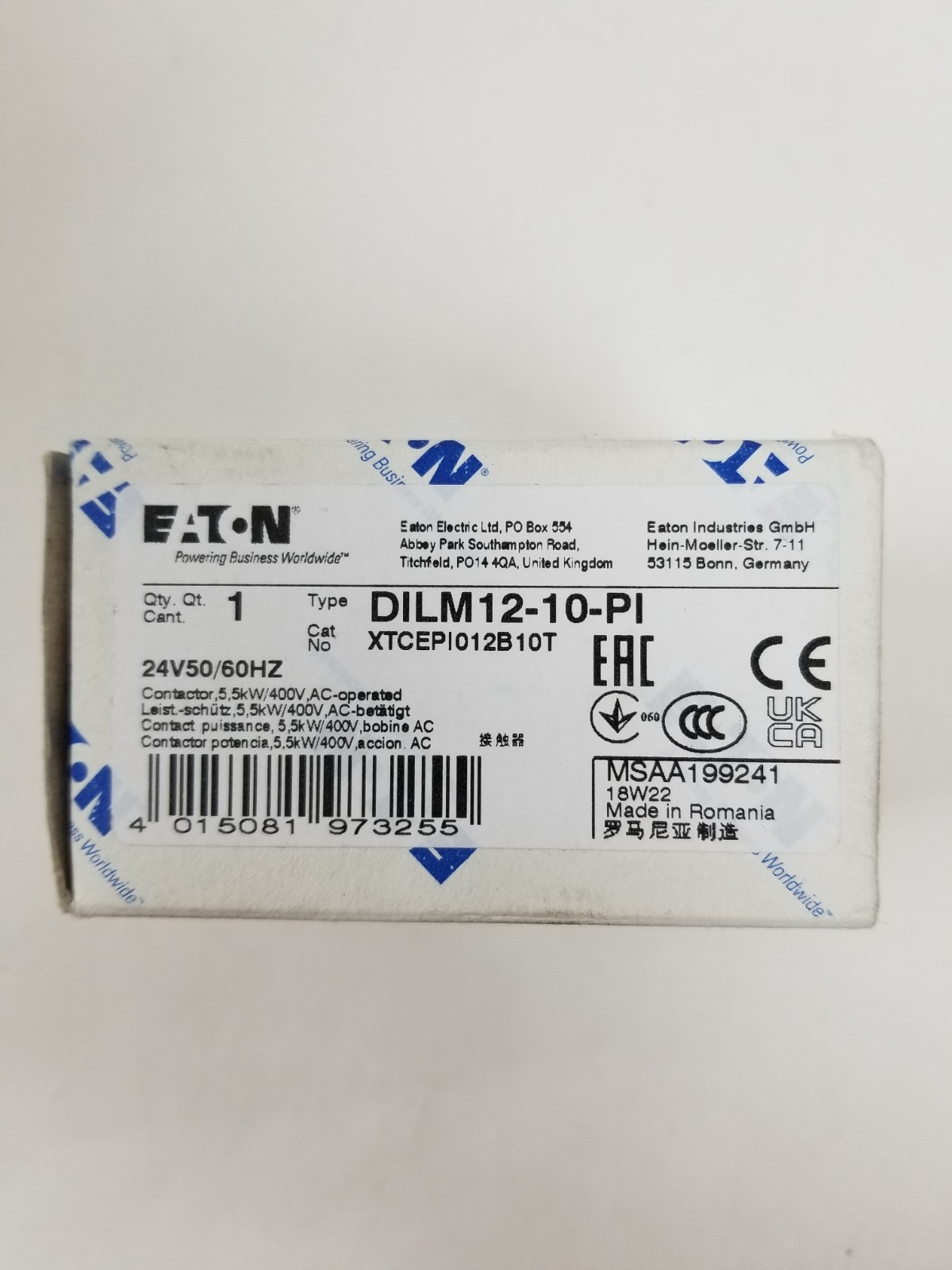 EATON DILM12-10-PI Contactor 24VDC 50/60Hz 3-Pole 12A NEW