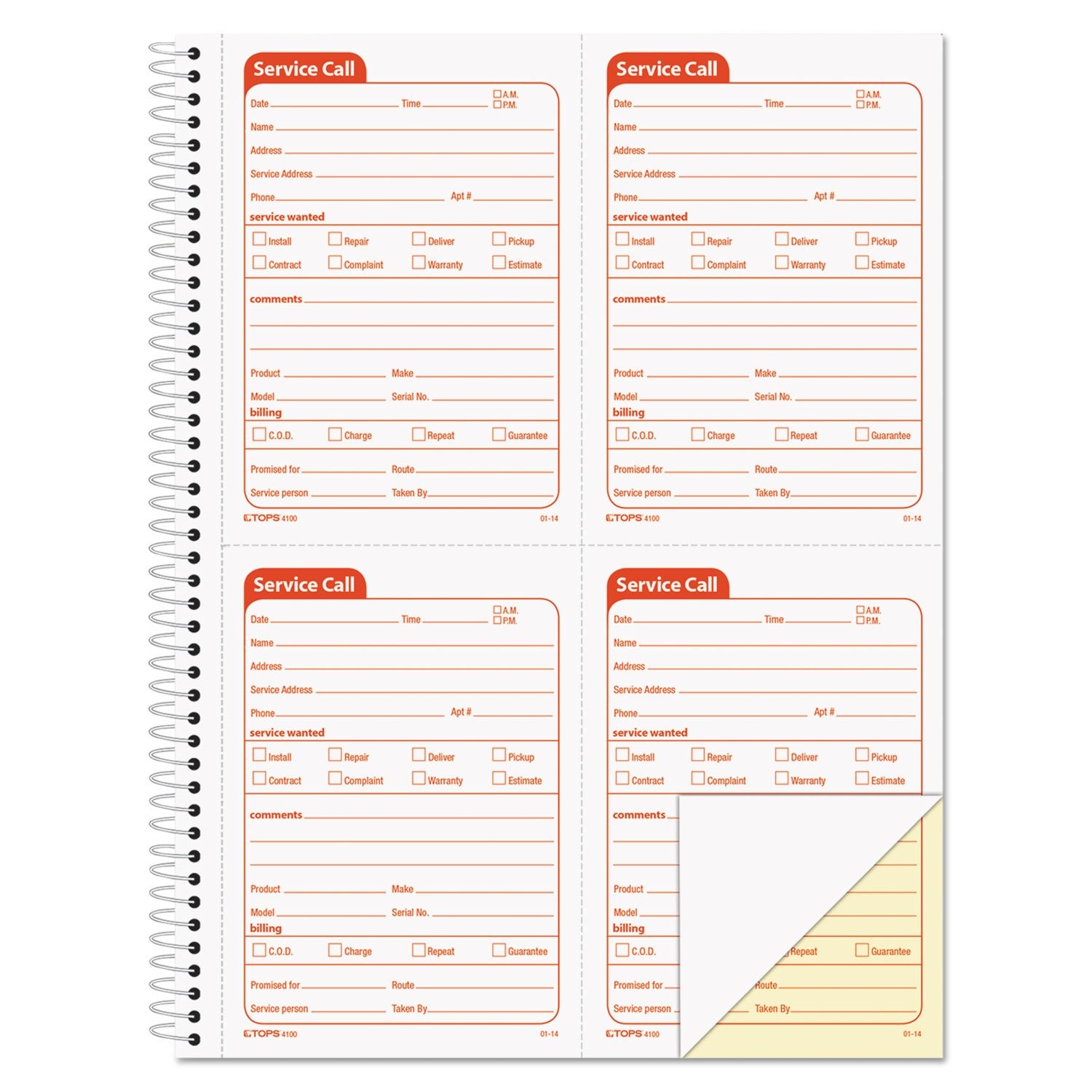 TOPS Service Call Correspondence Forms, 2-Part, Carbonless, Office Product
