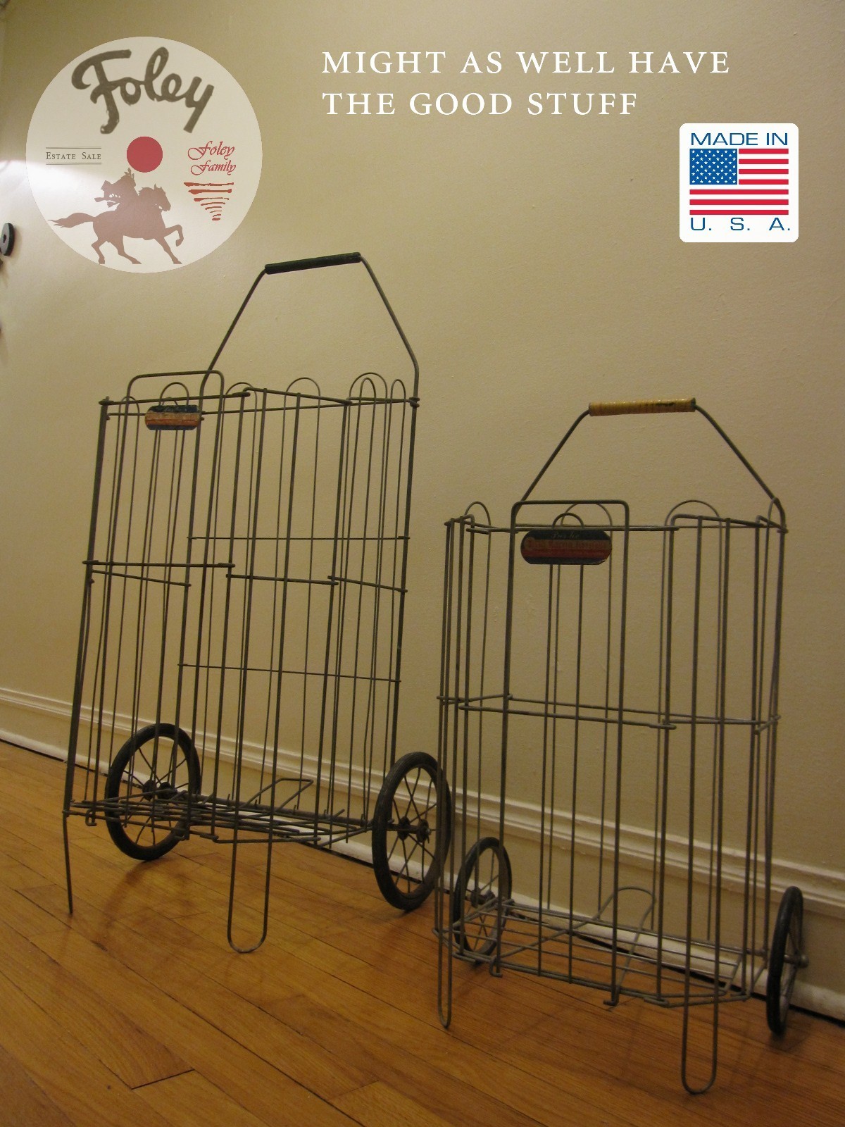 1940s Folding Metal Shopping Carts, Child’s & Adult Size Wire Basket Collapsible