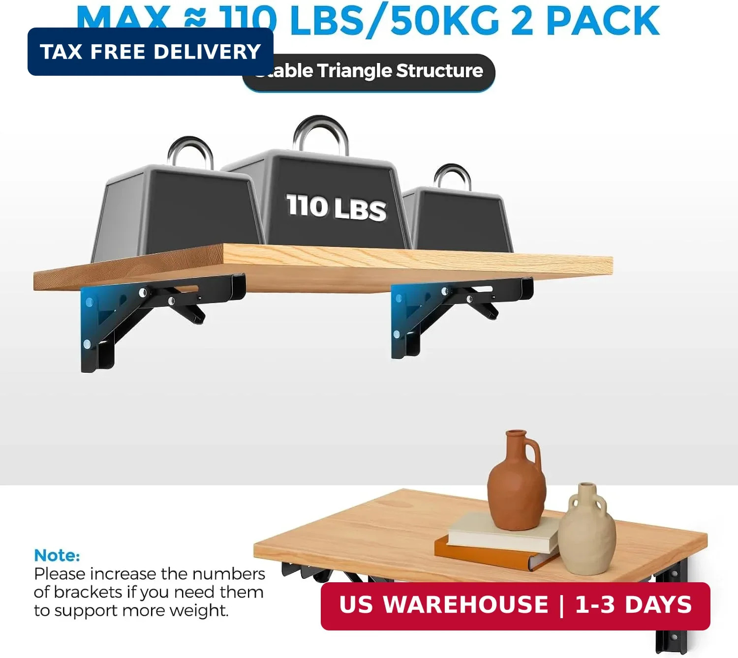 6 Inch Folding Shelf Brackets, 2 Pack (1 Pairs) Heavy Duty Metal Collapsible Wal