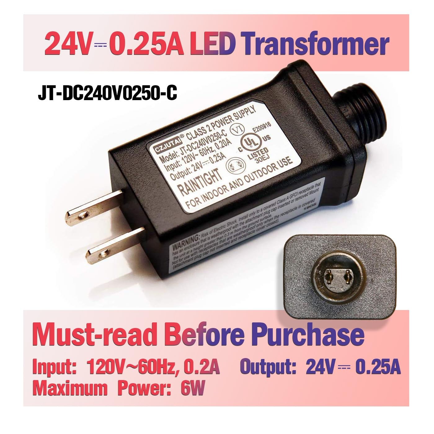 JT-DC240V0250-C 24V LED Power Adapter(Input: 120V AC, 0.20A | Output: Black