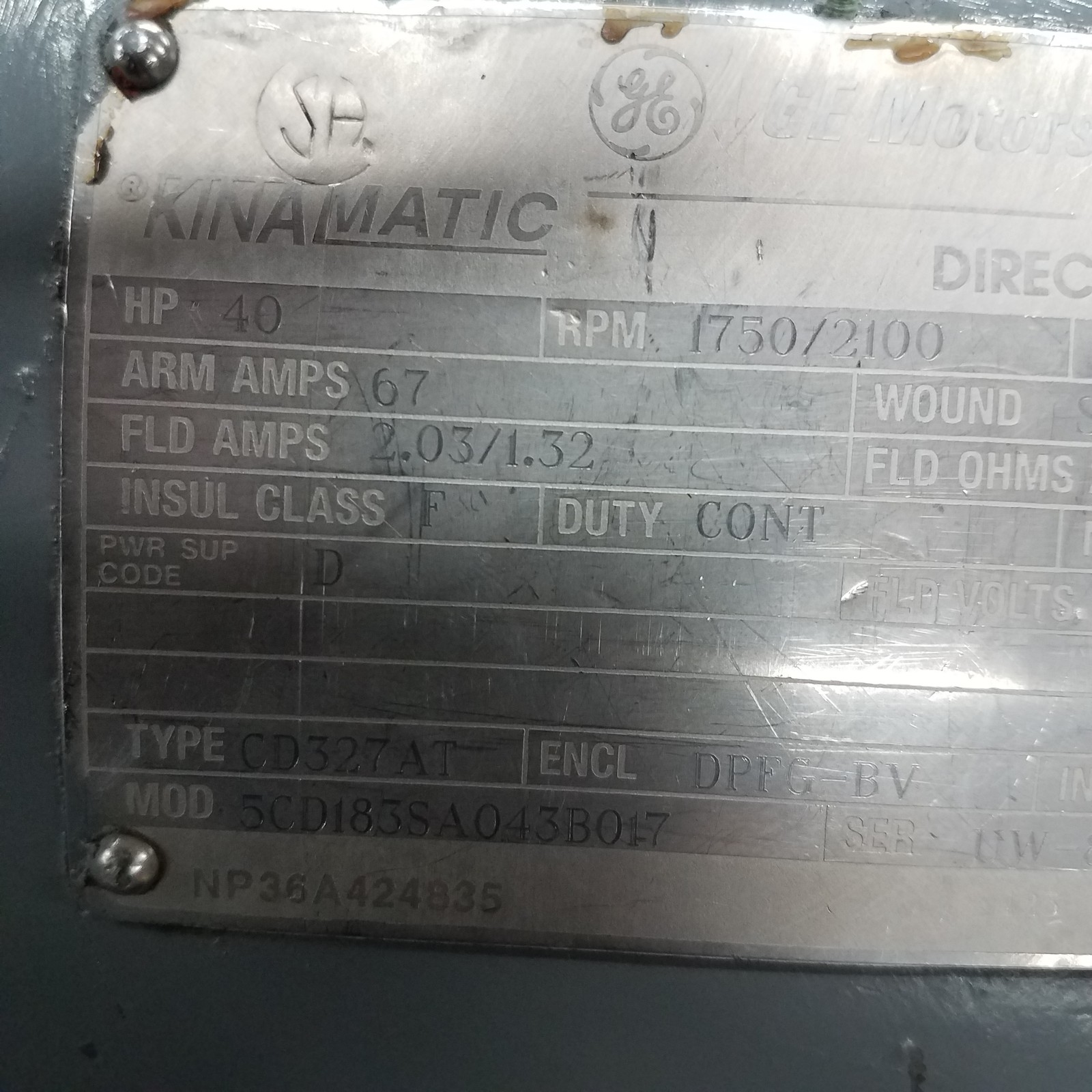 Kinamatic 5CD183SA043B017, 40 HP, 1750/2100 RPM, DC Motor w/1-1/2HP Blower Motor
