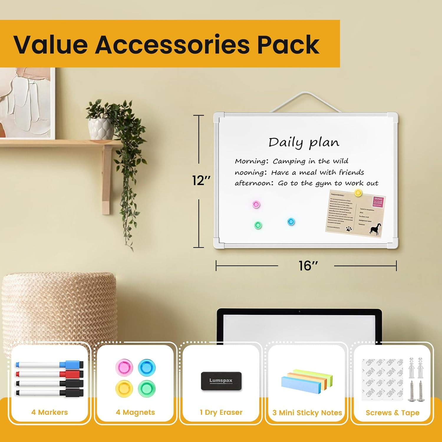Small Dry Erase Board for Wall, 16″ X 12″ Double-Sided Hanging Whiteboard, Magne