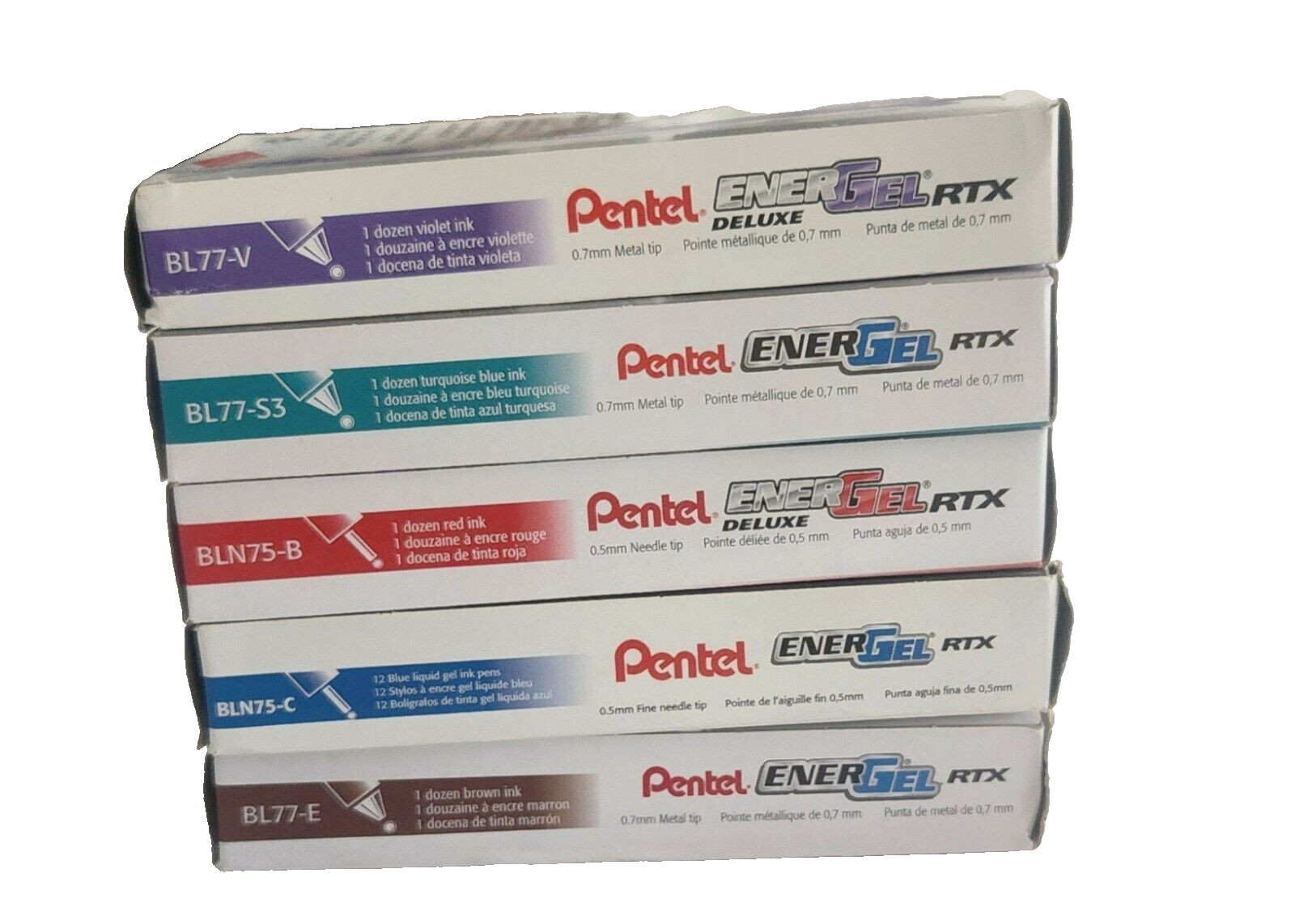 Pentel Deluxe Retractable Gel Pen ENERGEL RTX 5 Color Ink & barrel 5 pack 12=72