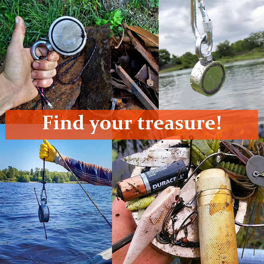 2000 LBS Strong Fishing Magnet Kit Double-Sided Pull Force and Rope Carabiner US