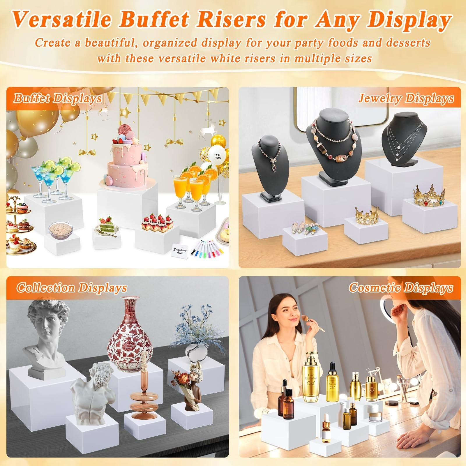 6 Pcs White Acrylic Buffet Risers with Mini Sign and Maker, Food Display Stands