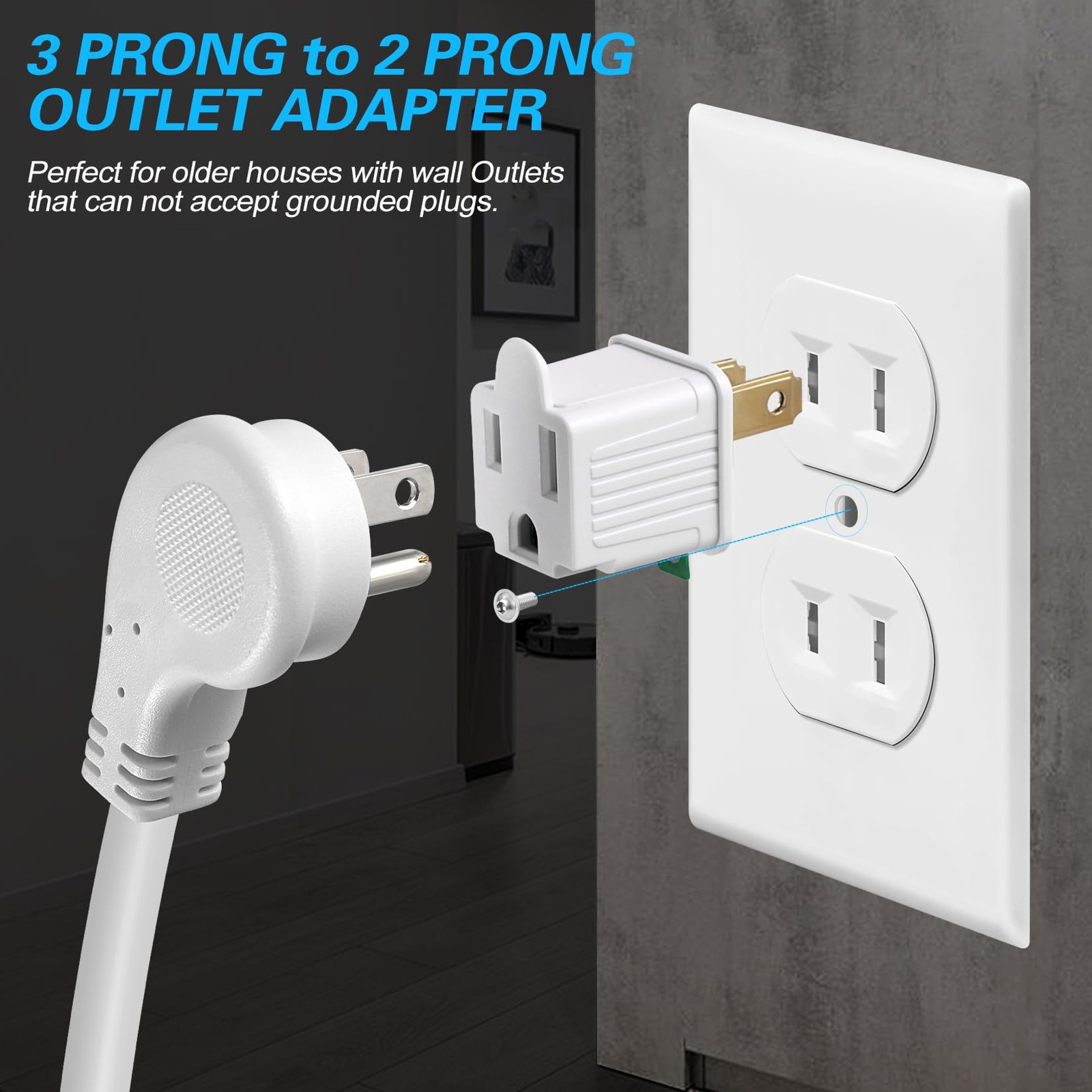 TENINYU Grounded Adapter 3-Prong to 2-Prong Outlet Converter – 2 Pack, White