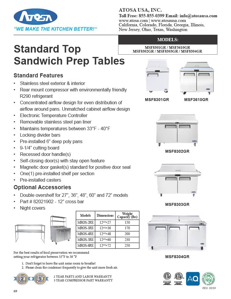 Atosa MSF8301GR 27″ 1 DOOR Sandwich Prep Refrigerator 8 of 1/6 pans on top