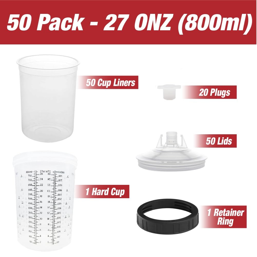 LAUCO Disposable Spray Gun Paint Cups Kit – 50 Pack Liners & Lids with 125