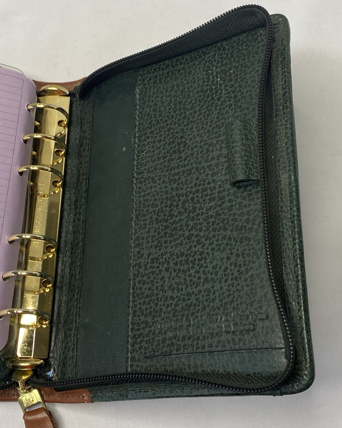 VINTAGE FRANKLIN QUEST ZIP PLANNER LEATHER GREEN/BROWN W/ADJ STRAP 6-1″ RINGS
