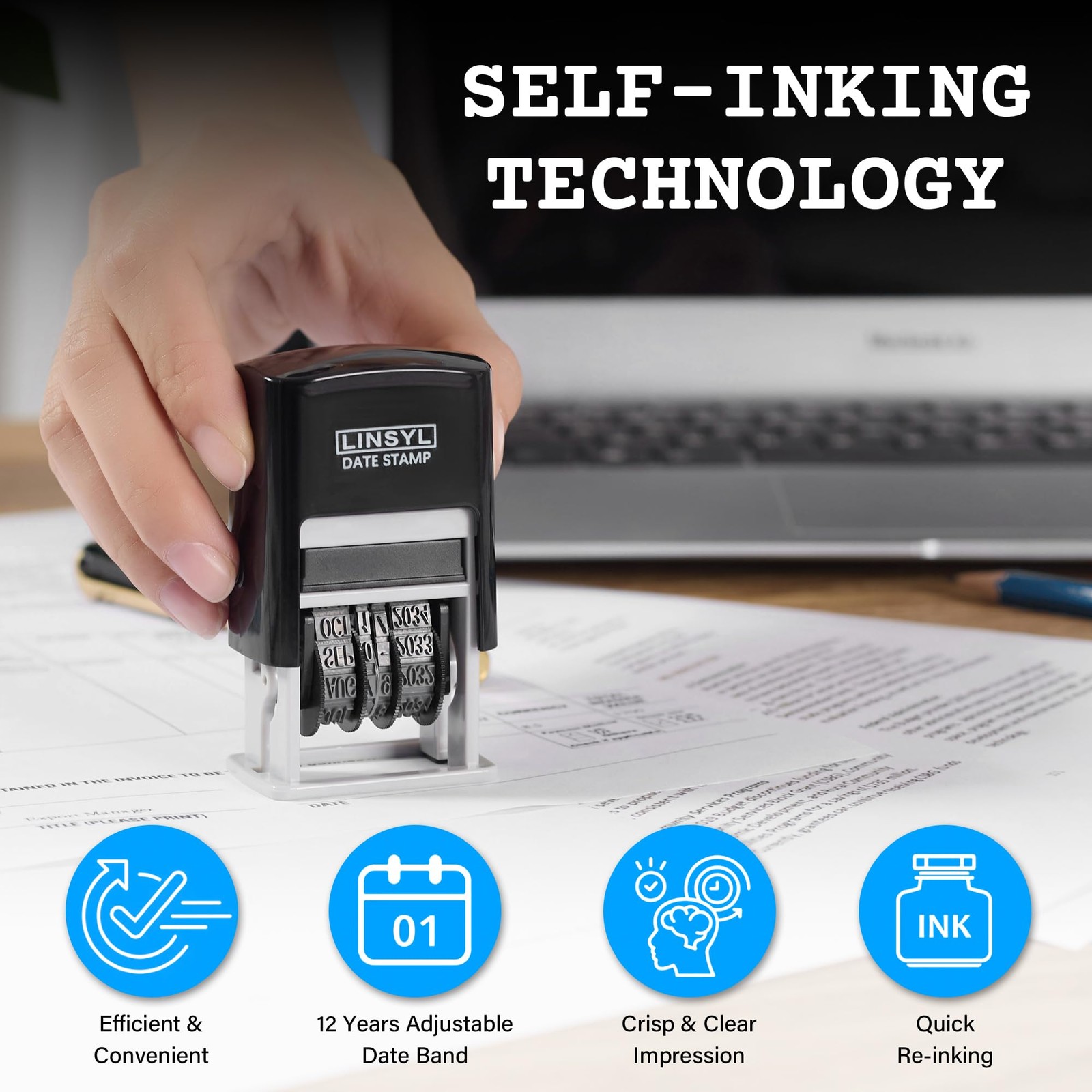 SelfInking Date Stamp, 12Year Adjustable Date Stamper with Builtin Black Ink