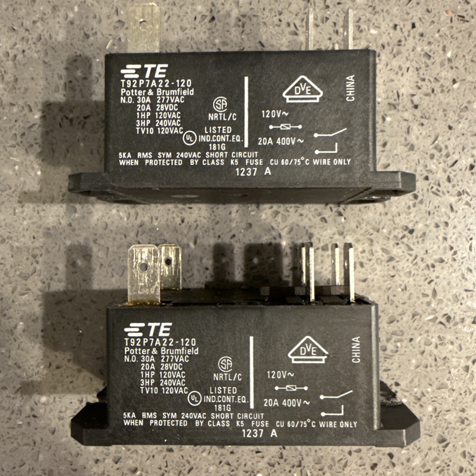 (2) TYCO POTTER & BRUMFIELD T92P7A22-120 RELAYS 30A 120VAC