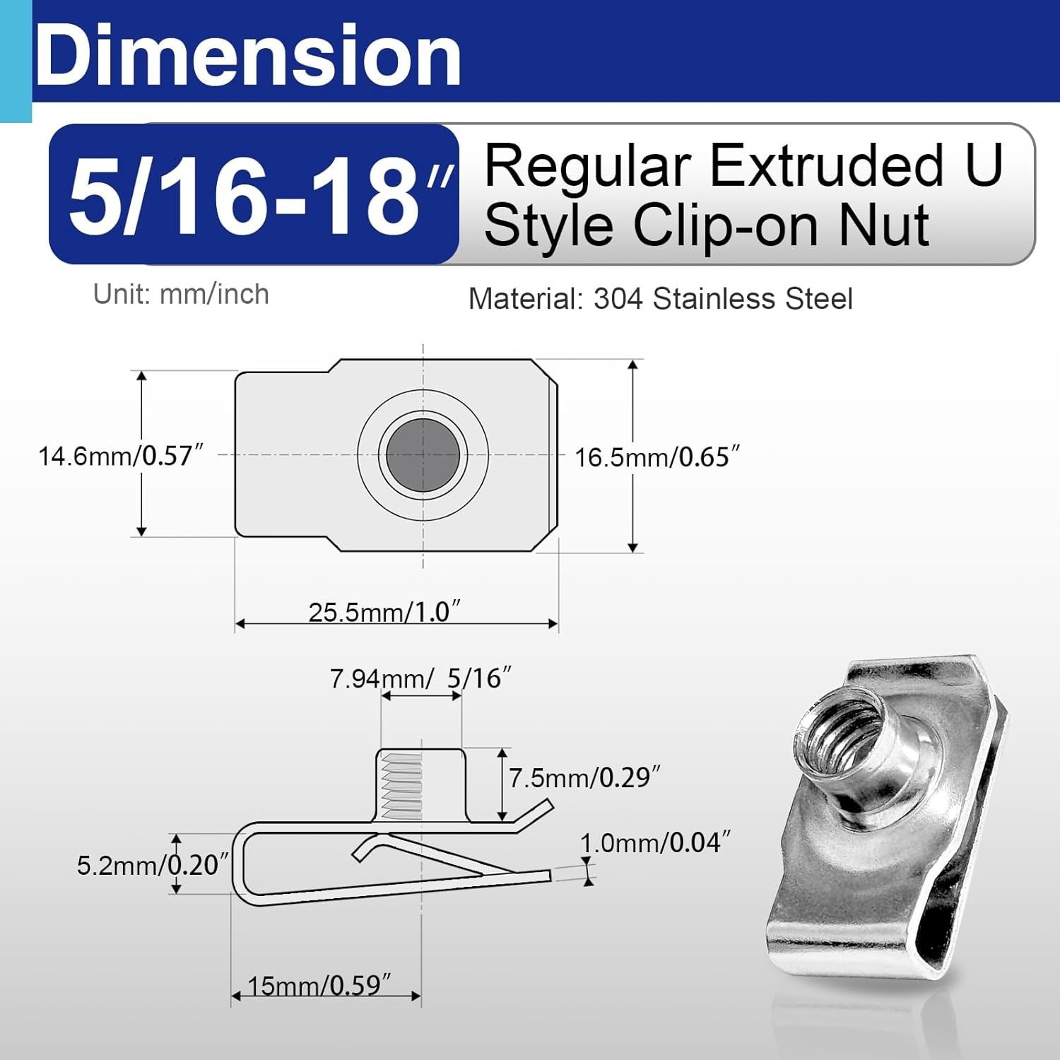 20 Pack 5/16-18 Extruded U-Nuts 304 Stainless Steel U Clip Car Clips Fasteners