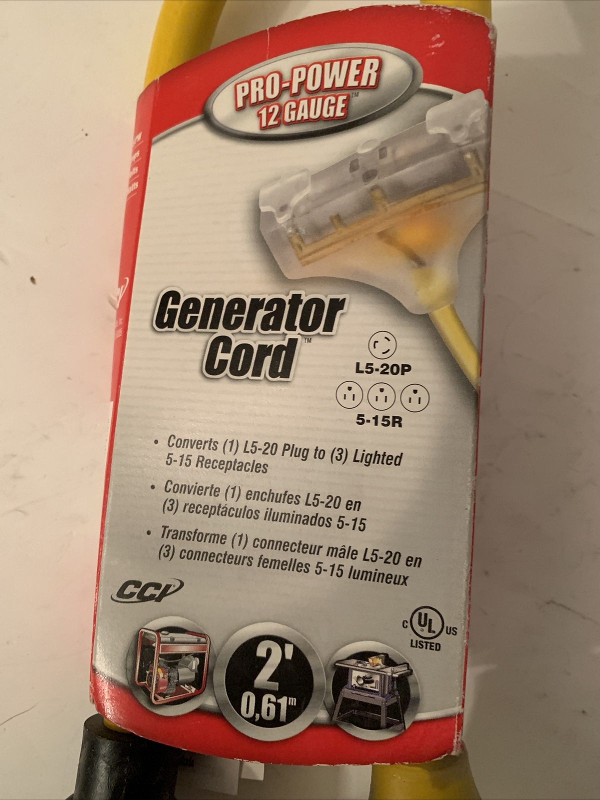 Pro-Power 12 Gauge Generator 2′ Cord – converts l5-20 plug to lighted 5-15