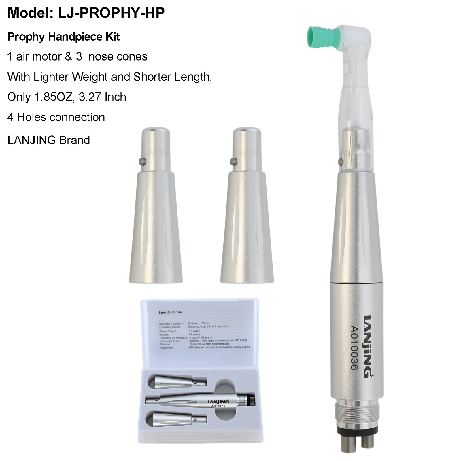Dental Prophy Hygiene Handpiece Air Motor 3 Nose Cone 4 Holes 360 Degree Swivel