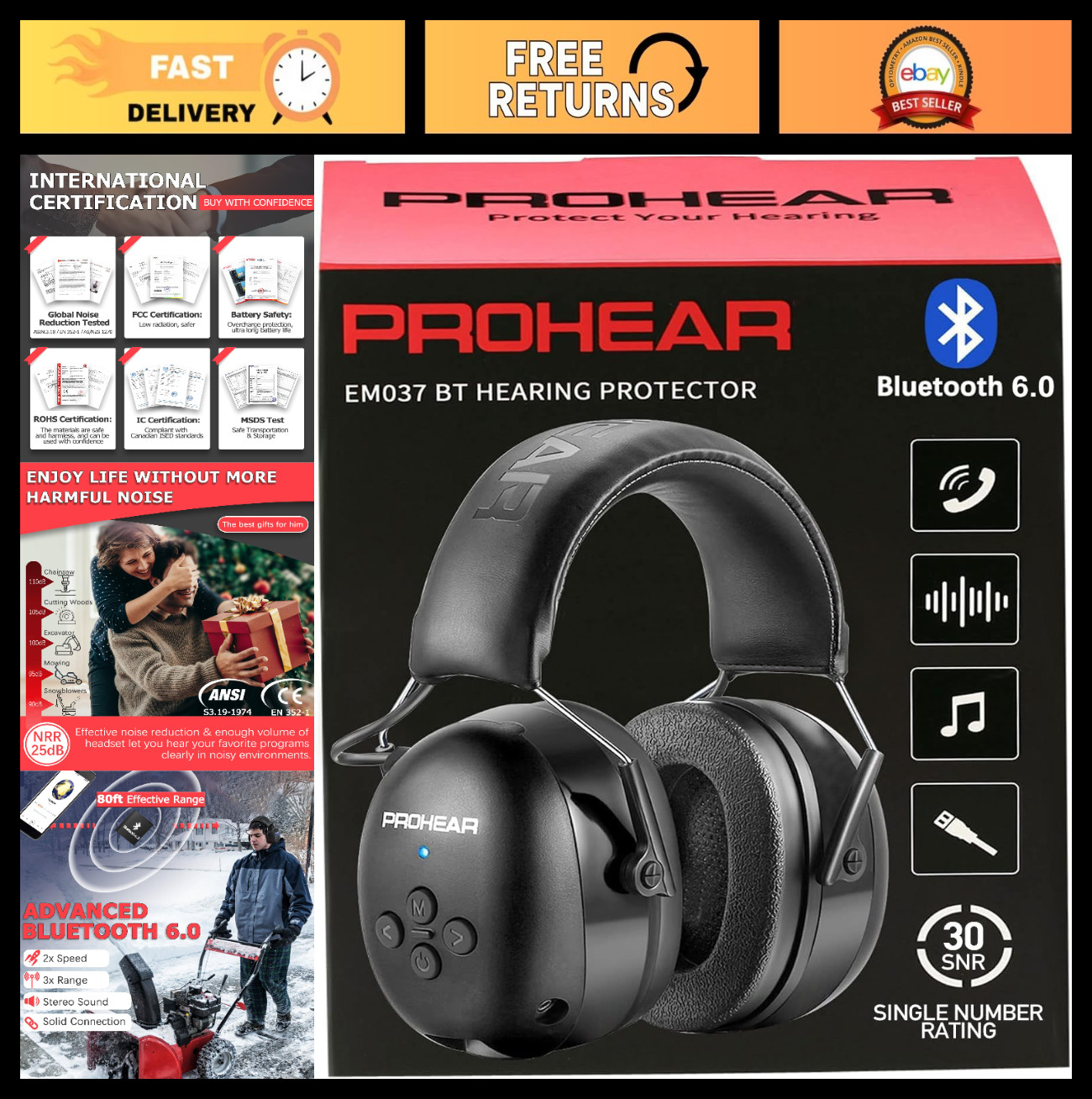 Bluetooth Hearing Protection Headphones, 30dB Noise Reduction Ear Muffs, 120H Pl